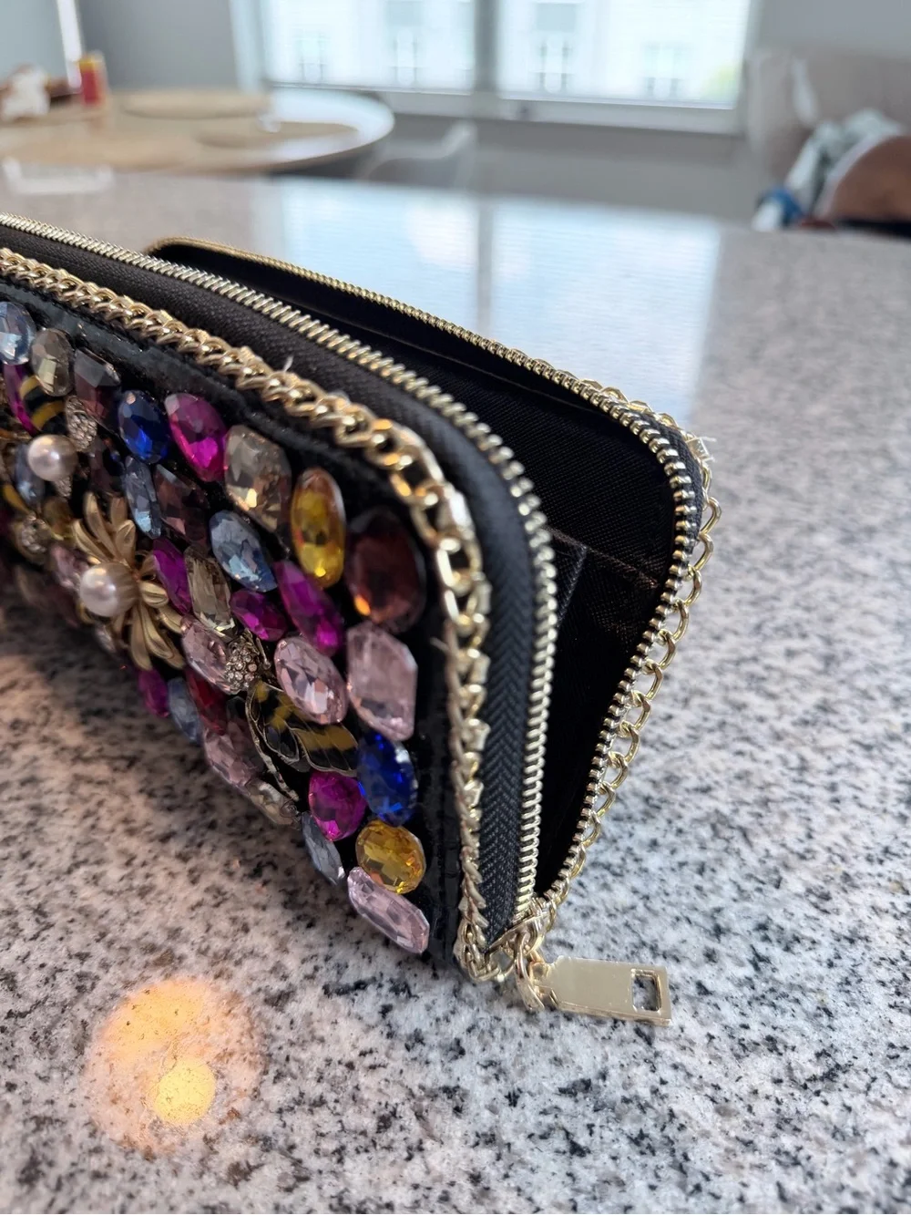 Embellished Black Jeweled Wallet - Multicolor Crystal Accents